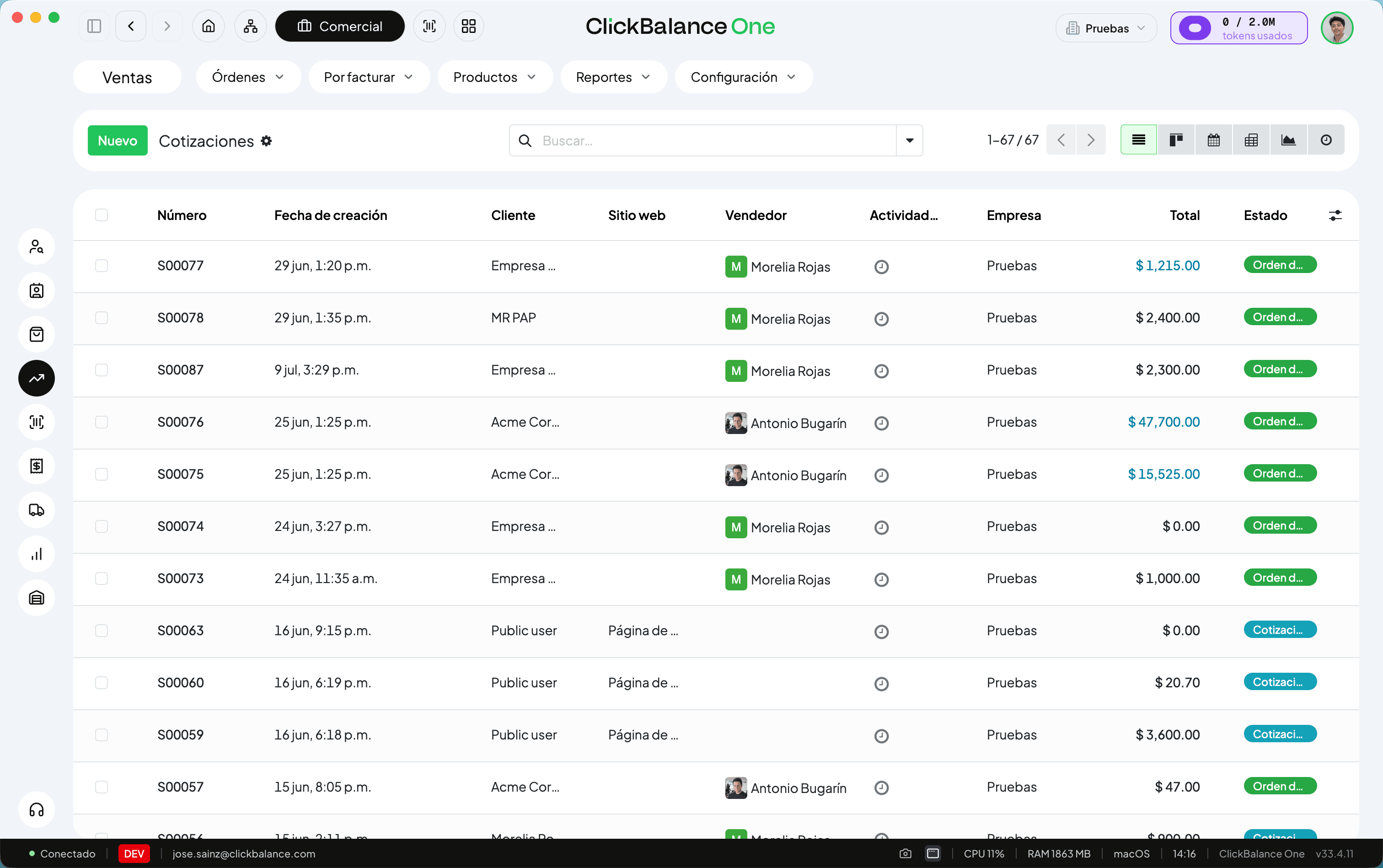 Constructor de cotizaciones con productos y variantes