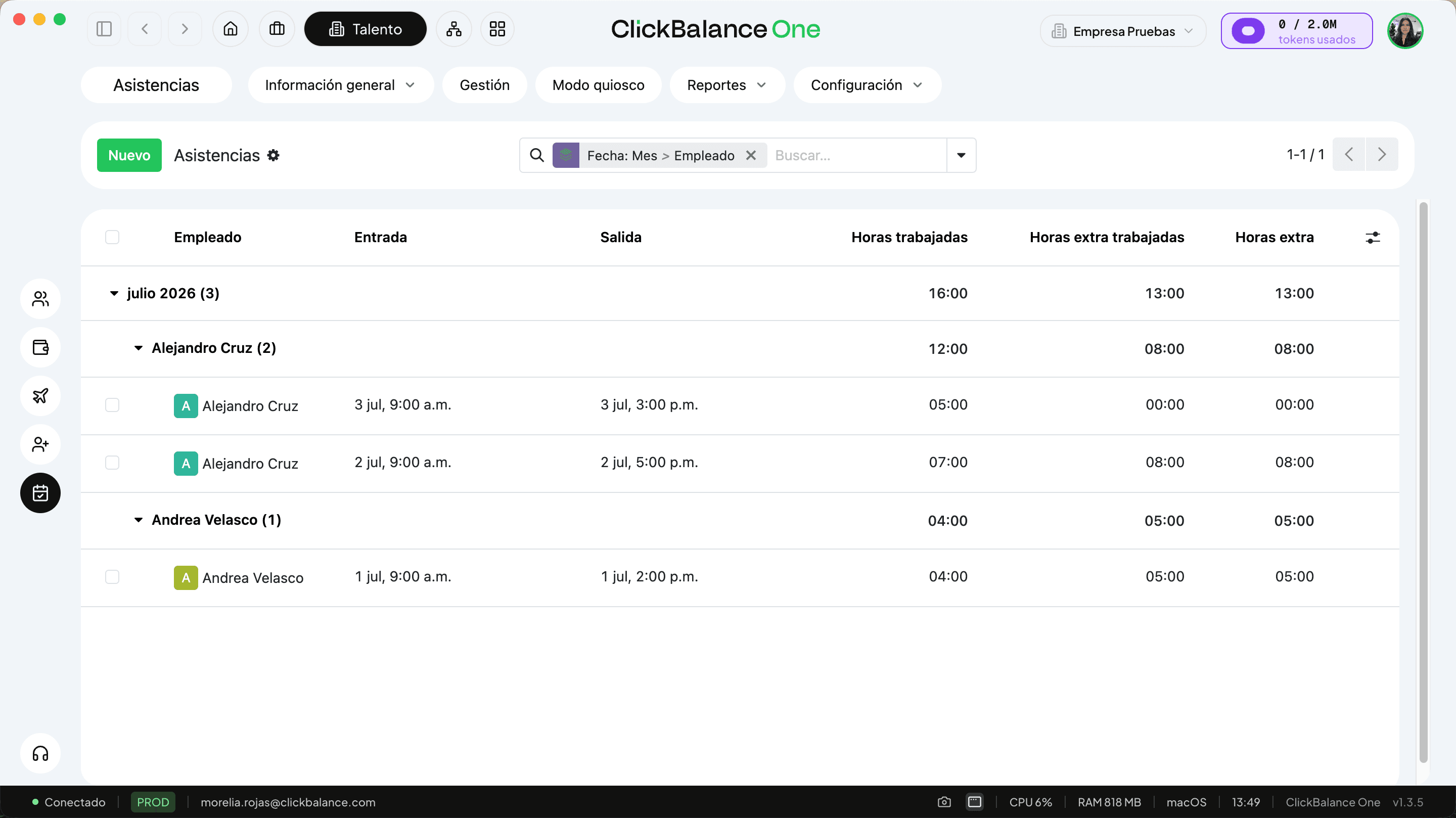 Quiosco de asistencia con check-in y check-out